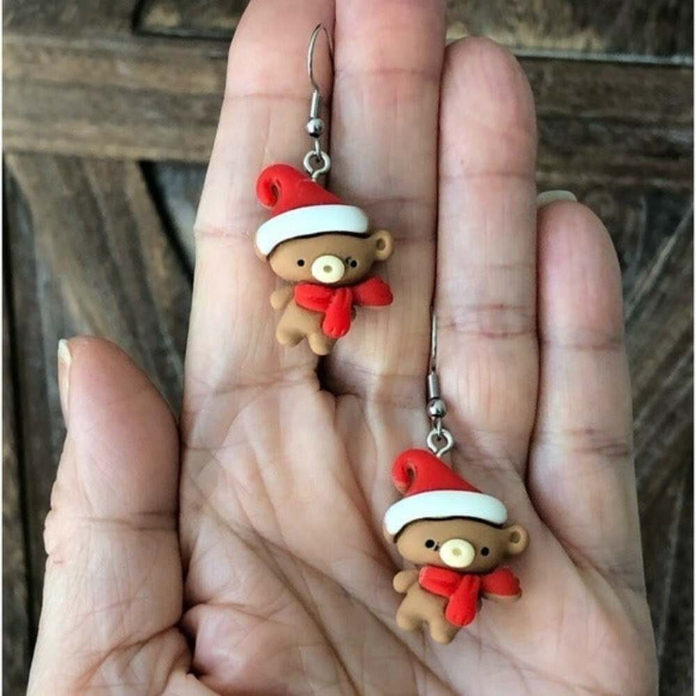 Winter Teddy Bears Clay Polymer Drop Earrings NWT